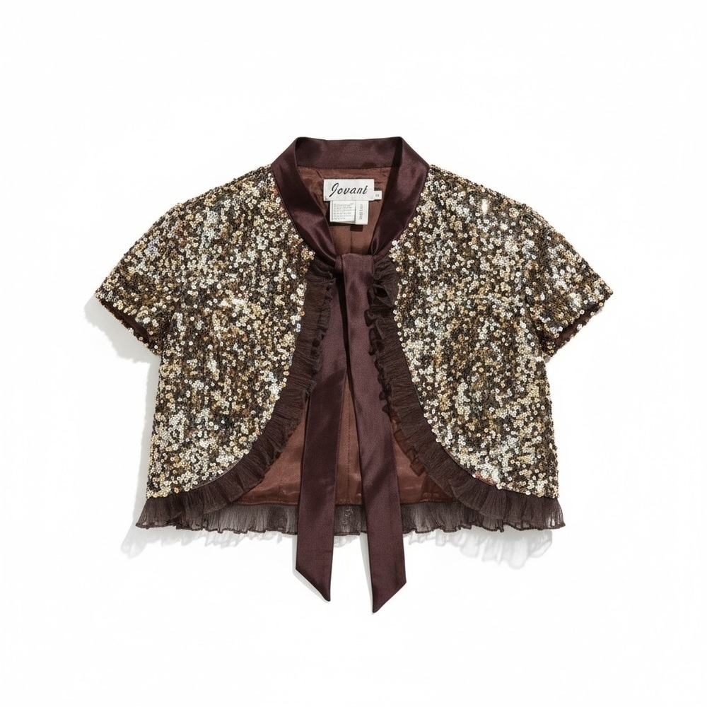 Jovani Sequin gold and purple bow accent ruffle Embellished Jacket size 2